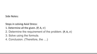 Side Notes:
Steps in solving Axial Stress:
1. Determine all the given. (P, A, σ)
2. Determine the requirement of the problem. (P, A, σ)
3. Solve using the formula.
4. Conclusion. (Therefore, the ....)
 