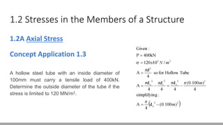 1.2 Stresses in the Members of a Structure
1.2A Axial Stress
Concept Application 1.3
A hollow steel tube with an inside diameter of
100mm must carry a tensile load of 400kN.
Determine the outside diameter of the tube if the
stress is limited to 120 MN/m2.
 