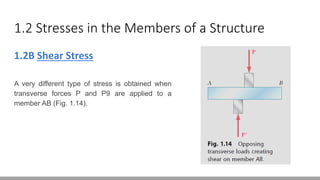 1.2 Stresses in the Members of a Structure
1.2B Shear Stress
A very different type of stress is obtained when
transverse forces P and P9 are applied to a
member AB (Fig. 1.14).
 