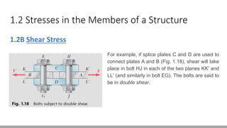 1.2 Stresses in the Members of a Structure
1.2B Shear Stress
For example, if splice plates C and D are used to
connect plates A and B (Fig. 1.18), shear will take
place in bolt HJ in each of the two planes KK' and
LL' (and similarly in bolt EG). The bolts are said to
be in double shear.
 