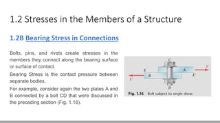 1.2 Stresses in the Members of a Structure
1.2B Bearing Stress in Connections
Bolts, pins, and rivets create stresses in the
members they connect along the bearing surface
or surface of contact.
Bearing Stress is the contact pressure between
separate bodies.
For example, consider again the two plates A and
B connected by a bolt CD that were discussed in
the preceding section (Fig. 1.16).
 