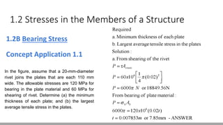 1.2 Stresses in the Members of a Structure
1.2B Bearing Stress
Concept Application 1.1
In the figure, assume that a 20-mm-diameter
rivet joins the plates that are each 110 mm
wide. The allowable stresses are 120 MPa for
bearing in the plate material and 60 MPa for
shearing of rivet. Determine (a) the minimum
thickness of each plate; and (b) the largest
average tensile stress in the plates.
 