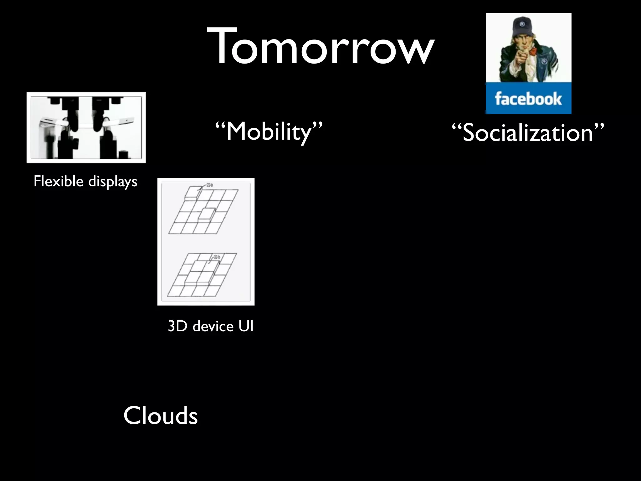 Tomorrow
                          “Mobility”   “Socialization”
Flexible displays




                    3D device UI




              Clouds
 