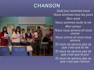 CHANSON Quel jour sommes-nous Nous sommes tous les jours Mon amie Nous sommes toute la vie Mon amour Nous nous aimons et nous vivons Nous vivons et nous nous aimons Et nous ne savons pas ce que c’est que la vie Et nous ne savons pas ce que c’est que le jour Et nous ne savons pas ce que c’est que l’amour 