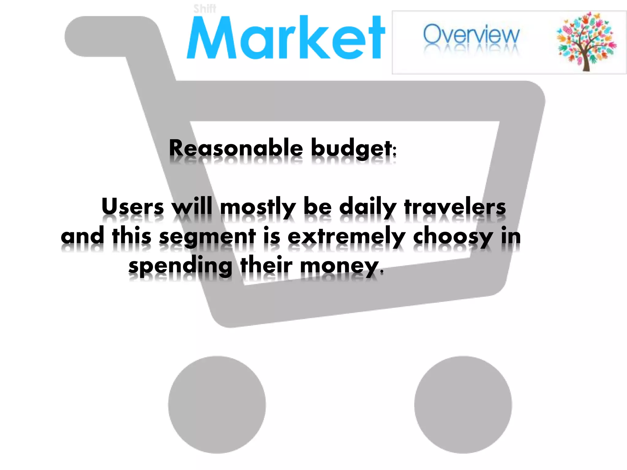 Reasonable budget:
Users will mostly be daily travelers
and this segment is extremely choosy in
spending their money.
 