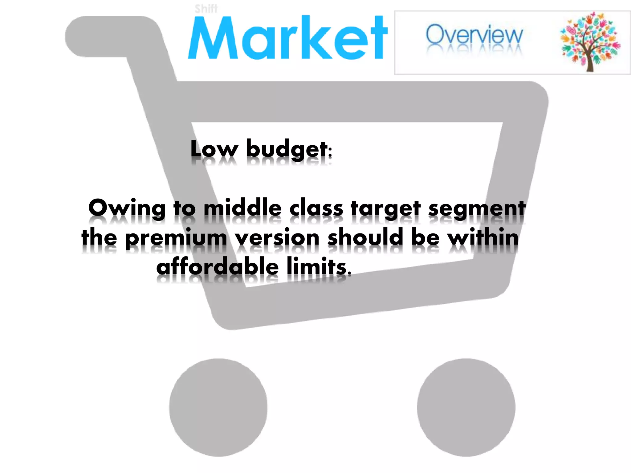 Low budget:
Owing to middle class target segment
the premium version should be within
affordable limits.
 