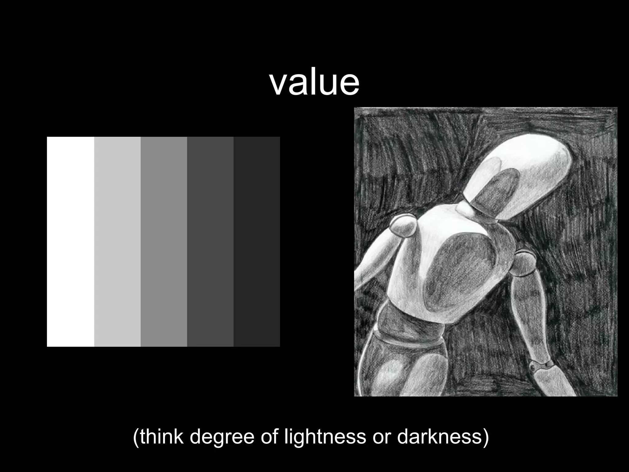 value (think degree of lightness or darkness) 
