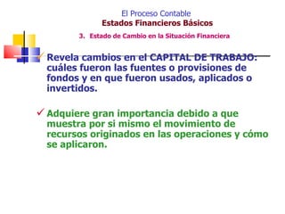 El Proceso Contable
              Estados Financieros Básicos
        3. Estado de Cambio en la Situación Financiera


 Revela cambios en el CAPITAL DE TRABAJO:
  cuáles fueron las fuentes o provisiones de
  fondos y en que fueron usados, aplicados o
  invertidos.

 Adquiere gran importancia debido a que
  muestra por si mismo el movimiento de
  recursos originados en las operaciones y cómo
  se aplicaron.
 