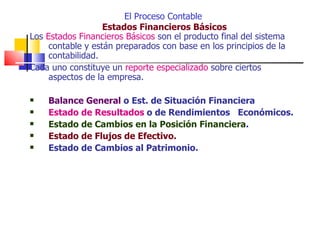El Proceso Contable
                   Estados Financieros Básicos
Los Estados Financieros Básicos son el producto final del sistema
     contable y están preparados con base en los principios de la
     contabilidad.
Cada uno constituye un reporte especializado sobre ciertos
     aspectos de la empresa.

   Balance General o Est. de Situación Financiera
   Estado de Resultados o de Rendimientos Económicos.
   Estado de Cambios en la Posición Financiera.
   Estado de Flujos de Efectivo.
   Estado de Cambios al Patrimonio.
 