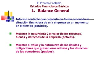 El Proceso Contable
              Estados Financieros Básicos
               1. Balance General

   Informe contable que presenta en forma ordenada la
    situación financiera de una empresa en un momento
    en el tiempo (estático).

   Muestra la naturaleza y el valor de los recursos,
    bienes y derechos de la empresa (activos).

   Muestra el valor y la naturaleza de las deudas y
    obligaciones que gravan esos activos y los derechos
    de los acreedores (pasivos).
 