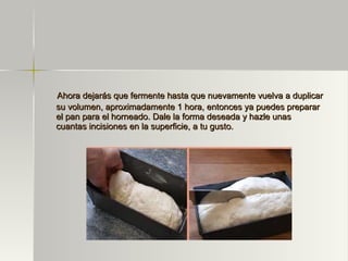 Ahora dejarás que fermente hasta que nuevamente vuelva a duplicar su volumen, aproximadamente 1 hora, entonces ya puedes preparar el pan para el horneado. Dale la forma deseada y hazle unas cuantas incisiones en la superficie, a tu gusto. 