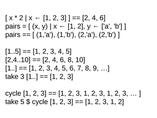 [ x * 2 | x ← [1, 2, 3] ] == [2, 4, 6]
pairs = [ (x, y) | x ← [1, 2], y ← ['a', 'b'] ]
pairs == [ (1,'a'), (1,'b'), (2,'a'), (2,'b') ]
[1..5] == [1, 2, 3, 4, 5]
[2,4..10] == [2, 4, 6, 8, 10]
[1..] == [1, 2, 3, 4, 5, 6, 7, 8, 9, …]
take 3 [1..] == [1, 2, 3]
cycle [1, 2, 3] == [1, 2, 3, 1, 2, 3, 1, 2, 3, … ]
take 5 $ cycle [1, 2, 3] == [1, 2, 3, 1, 2]
 