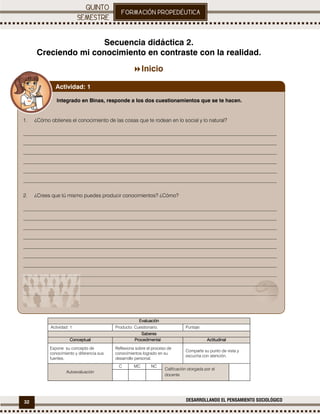 32 DESARROLLANDO EL PENSAMIENTO SOCIOLÓGICO
.
Secuencia didáctica 2.
Creciendo mi conocimiento en contraste con la realidad.
Inicio
EvaluaciónEvaluaciónEvaluaciónEvaluación
Actividad: 1 Producto: Cuestionario. Puntaje:
SaberesSaberesSaberesSaberes
ConceptualConceptualConceptualConceptual ProcedimentalProcedimentalProcedimentalProcedimental ActitudinalActitudinalActitudinalActitudinal
Expone su concepto de
conocimiento y diferencia sus
fuentes.
Reflexiona sobre el proceso de
conocimientos logrado en su
desarrollo personal.
Comparte su punto de vista y
escucha con atención.
Autoevaluación
C MC NC
Calificación otorgada por el
docente
Integrado en Binas, responde a los dos cuestionamientos que se te hacen.
1. ¿Cómo obtienes el conocimiento de las cosas que te rodean en lo social y lo natural?
_________________________________________________________________________________________________
_________________________________________________________________________________________________
_________________________________________________________________________________________________
_________________________________________________________________________________________________
_________________________________________________________________________________________________
_________________________________________________________________________________________________
2. ¿Crees que tú mismo puedes producir conocimientos? ¿Cómo?
_________________________________________________________________________________________________
_________________________________________________________________________________________________
_________________________________________________________________________________________________
_________________________________________________________________________________________________
_________________________________________________________________________________________________
_________________________________________________________________________________________________
_________________________________________________________________________________________________
_________________________________________________________________________________________________
_________________________________________________________________________________________________
_________________________________________________________________________________________________
Actividad: 1
 