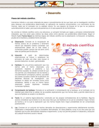 33BLOQUE 2
Desarrollo
Pasos del método científico.
Llamamos método a una serie ordenada de pasos o procedimientos de los que hace uso la investigación científica
para observar una problemática determinada, en aplicación de nuestros conocimientos y en crecimiento de los
mismos, dado por el contraste con la realidad misma. Es una especie de brújula en la que no se produce
automáticamente el saber, pero que evita perdernos en el caos aparente de los fenómenos.
Se concibe el método científico como una estructura, un armazón formado por reglas y principios coherentemente
enlazados, que nos sirven para ordenar las ideas sobre cómo abordar una problemática determinada. Según el
filósofo Inglés Francis BaconFrancis BaconFrancis BaconFrancis Bacon las distintas etapas del método científico son la observación, la Inducción, la hipótesis,
prueba de la hipótesis y establecimiento de leyes.
a)a)a)a) Observación:Observación:Observación:Observación: Consiste en la recopilación de
hechos acerca de un problema o fenómeno
natural que despierta nuestra curiosidad. Las
observaciones deben ser lo más claras y
numerosas posible, porque han de servir como
base de partida para la solución.
b)b)b)b) Inducción:Inducción:Inducción:Inducción: A partir de determinadas
observaciones se induce o establecen los
principios de cada una ellas, para buscar el
proceso deductivo; es decir, generalizable.
c)c)c)c) Hipótesis:Hipótesis:Hipótesis:Hipótesis: Es una primera explicación que nos
damos ante el hecho observado; una
suposición, respecto al problema y sus
elementos causales. Su utilidad consiste en que
nos permite una interpretación de los hechos y
una delimitación conceptual y teórica, que debe
ser puesta a prueba a través de la aplicación de
diferentes técnicas de investigación. Las
hipótesis no deben ser tomadas nunca como
verdaderas, debido a que un mismo hecho
observado puede explicarse mediante
numerosas hipótesis.
d)d)d)d) Comprobación de hipótesis:Comprobación de hipótesis:Comprobación de hipótesis:Comprobación de hipótesis: Consiste en la verificación o comprobación de la hipótesis, en el contraste con la
realidad para determinar la validez de las posibles explicaciones que nos hemos dado y permite determinar el
que una hipótesis se acepte o se deseche.
e)e)e)e) Teoría:Teoría:Teoría:Teoría: Es un sistema lógico-deductivo, construido por las propias contrastaciones de la hipótesis. Algunos
autores consideran que la teoría no es otra cosa más que una hipótesis en la cual se consideran mayor número
de hechos y en la cual la explicación que nos hemos forjado tiene mayor probabilidad de ser comprobada
positivamente.
f)f)f)f) LeyLeyLeyLey:::: Consiste en un conjunto de hechos derivados de observaciones y experimentos debidamente reunidos,
clasificados e interpretados que se consideran demostrados. En otras palabras, la ley no es otra cosa que una
hipótesis que ha sido demostrada mediante el experimento. La ley nos permite predecir el desarrollo y evolución
de cualquier fenómeno social o natural.
 