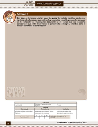 34 DESARROLLANDO EL PENSAMIENTO SOCIOLÓGICO
.
EvaluaciónEvaluaciónEvaluaciónEvaluación
Actividad: 2
Producto: Planteamiento de
hipótesis.
Puntaje:
SaberesSaberesSaberesSaberes
ConceptualConceptualConceptualConceptual ProcedimentalProcedimentalProcedimentalProcedimental ActitudinalActitudinalActitudinalActitudinal
Aplica el concepto personal de
hipótesis.
Relaciona conocimientos para la
elaboración de hipótesis.
Participa con interés en el
abordaje de la problemática.
Autoevaluación
C MC NC Calificación otorgada por el
docente
Con base en la lectura anterior, sobre los pasos del método científico, plantea dos
hipótesis sobre las causas que originan la problemática escogida y pónganlas a prueba,
en la realización de investigación documental y de campo que sea necesaria,
considerando que están desarrollando el pensamiento sociológico, entendido como el
ejercicio científico a la realidad social.
Actividad: 2
 