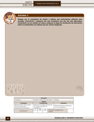 36 DESARROLLANDO EL PENSAMIENTO SOCIOLÓGICO
.
EvaluaciónEvaluaciónEvaluaciónEvaluación
Actividad: 3 Producto: Elección de instrumento. Puntaje:
SaberesSaberesSaberesSaberes
ConceptualConceptualConceptualConceptual ProcedimentalProcedimentalProcedimentalProcedimental ActitudinalActitudinalActitudinalActitudinal
Muestra dominio del concepto
de instrumentos para
recolección de información.
Asocia sus conceptos previos con
los nuevos conceptos en
Investigación.
Muestra interés de colaboración
con sus compañeros.
Autoevaluación
C MC NC Calificación otorgada por el
docente
Dialoga con tu compañero de equipo y definan qué instrumentos utilizarán para
recopilar información y expliquen por qué consideran que son los más adecuados.
Coméntenlo con su maestro en clase y preparen la etapa de recolección de información
sobre la problemática de análisis que han venido trabajando.
Actividad: 3
 