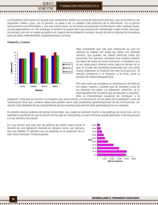 38 DESARROLLANDO EL PENSAMIENTO SOCIOLÓGICO
.
La Estadística Descriptiva es la parte que conocemos desde los cursos de educación primaria, que se enseña en los
siguientes niveles y que, por lo general, no pasa a ser un análisis más profundo de la información. Es un primer
acercamiento a la información y, por esa misma razón, es la manera de presentar la información ante cualquier lector,
ya sea especialista o no. Sin embargo, lo anterior no quiere decir que carezca de metodología o algo similar, sino que,
al contrario, por ser un medio accesible a la mayoría de la población humana, resulta de suma importancia considerar
para así evitar malentendidos, tergiversaciones o errores.
Población y muestraPoblación y muestraPoblación y muestraPoblación y muestra
Algo importante que hay que mencionar es que no
siempre se trabaja con todos los datos. Por diversas
razones, que pueden ser desde prácticas hasta por
economía. Por ejemplo, resultaría muy costoso obtener
los datos de todos los seres humanos, o impráctico (y a
la vez destructivo) obtener como datos el tiempo en el
que se funden las bombillas producidas por una cierta
marca realizando la medición de toda la producción. El
estudio conduciría a la empresa a la ruina, pues la
producción entera desaparecería.
Por esta razón se considera un subconjunto del total de
los casos, sujetos u objetos que se estudian y que se
les obtienen los datos. La población, entonces, es el
total hipotético de los datos que se estudian o recopilan.
Ante la imposibilidad ocasional de conseguir a la
población, entonces se recurre a la muestra, que viene siendo un subconjunto de los datos de la población, pero tal
subconjunto tiene que contener datos que pueden servir para posteriores generalizaciones de las conclusiones. Un
estudio más detallado de las características de las muestras para permitir tales generalizaciones se realizará.
Es posible realizar gráficas de barras horizontales, las cuales se parecen mucho a las gráficas de columnas, con la
salvedad importante de que la función de los ejes se intercambia y el eje horizontal queda destinado a las frecuencias
y el eje vertical a las clases.
Es muy común que este tipo de gráficas se utilicen para ilustrar el
tamaño de una población dividida en estratos como, por ejemplo,
son sus edades. El ejemplo que se presenta es la población de un
país ficticio llamado "Timbuctulandia".
 