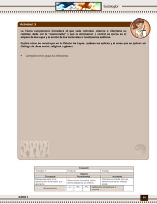 55BLOQUE 3
EvaluaciónEvaluaciónEvaluaciónEvaluación
Actividad: 3 Producto: Puntaje:
SaberesSaberesSaberesSaberes
ConceptualConceptualConceptualConceptual ProcedimentalProcedimentalProcedimentalProcedimental ActitudinalActitudinalActitudinalActitudinal
Distingue la razón en la
construcción de las leyes. y su
aplicación
Relaciona los conceptos dados,
con la realidad de su entorno.
Participa con interés sobre la
identificación de su realidad
social.
Autoevaluación
C MC NC Calificación otorgada por el
docente
La Teoría comprensiva Considera el que cada individuo observa e interpreta su
realidad, dada por la “cosmovisión” y que la dominación o control se ejerce en el
amparo de las leyes y la acción de los burócratas o funcionarios públicos.
Explica cómo se construyen en tu Estado las Leyes, quiénes las aplican y si crees que se aplican sin
distingo de clase social, religiosa o género.
• Comparte con el grupo tus reflexiones.
Actividad: 3
 