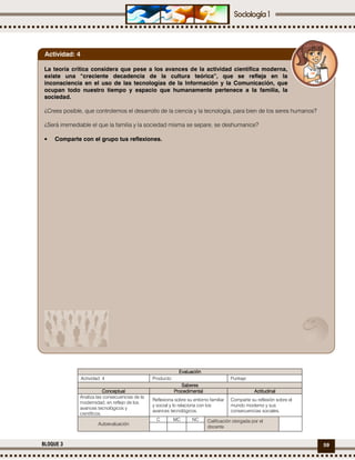 59BLOQUE 3
EvaluaciónEvaluaciónEvaluaciónEvaluación
Actividad: 4 Producto: Puntaje:
SaberesSaberesSaberesSaberes
ConceptualConceptualConceptualConceptual ProcedimentalProcedimentalProcedimentalProcedimental ActitudinalActitudinalActitudinalActitudinal
Analiza las consecuencias de la
modernidad, en reflejo de los
avances tecnológicos y
científicos.
Reflexiona sobre su entorno familiar
y social y lo relaciona con los
avances tecnológicos.
Comparte su reflexión sobre el
mundo moderno y sus
consecuencias sociales.
Autoevaluación
C MC NC Calificación otorgada por el
docente
La teoría crítica considera que pese a los avances de la actividad científica moderna,
existe una “creciente decadencia de la cultura teórica”, que se refleja en la
inconsciencia en el uso de las tecnologías de la Información y la Comunicación, que
ocupan todo nuestro tiempo y espacio que humanamente pertenece a la familia, la
sociedad.
¿Crees posible, que controlemos el desarrollo de la ciencia y la tecnología, para bien de los seres humanos?
¿Será irremediable el que la familia y la sociedad misma se separe, se deshumanice?
• Comparte con el grupo tus reflexiones.
Actividad: 4
 