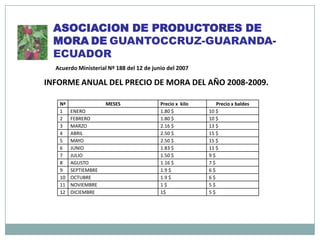 ASOCIACION DE PRODUCTORES DE MORADEGUANTOCCRUZ-GUARANDA- ECUADOR Acuerdo Ministerial Nº 188 del 12 de junio del 2007 INFORME ANUAL DEL PRECIO DE MORA DEL AÑO 2008-2009. 