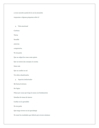a veces necesito ayuda de el y no la encuentro


respuestas a algunas preguntas sobre el




  4.     Vida emocional


Cariñosa


Tierna


Sensible


amorosa


comprensiva


No me gusta


Que no salgan las cosas como quiero


Que no tomen mis consejos en cuenta


Estar sola


Que no confien en mi


Ver niños abandonados


  5.     Aspectos intelectuales


Me facina la lectura


Ser logica


Pelear por cosas que tengo la razon con fundamentos


Estudiar de temas de interes


Confiar en lo aprendido


No me gusta


Que tenga errores en mi aprendizaje


No sacar los resultados que debería por errores mínimos
 