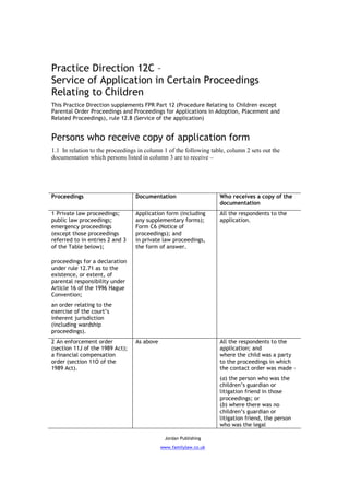 Practice Direction 12C –
Service of Application in Certain Proceedings
Relating to Children
This Practice Direction supplements FPR Part 12 (Procedure Relating to Children except
Parental Order Proceedings and Proceedings for Applications in Adoption, Placement and
Related Proceedings), rule 12.8 (Service of the application)


Persons who receive copy of application form
1.1 In relation to the proceedings in column 1 of the following table, column 2 sets out the
documentation which persons listed in column 3 are to receive –




Proceedings                      Documentation                     Who receives a copy of the
                                                                   documentation
1 Private law proceedings;       Application form (including       All the respondents to the
public law proceedings;          any supplementary forms);         application.
emergency proceedings            Form C6 (Notice of
(except those proceedings        proceedings); and
referred to in entries 2 and 3   in private law proceedings,
of the Table below);             the form of answer.

proceedings for a declaration
under rule 12.71 as to the
existence, or extent, of
parental responsibility under
Article 16 of the 1996 Hague
Convention;
an order relating to the
exercise of the court’s
inherent jurisdiction
(including wardship
proceedings).
2 An enforcement order           As above                          All the respondents to the
(section 11J of the 1989 Act);                                     application; and
a financial compensation                                           where the child was a party
order (section 11O of the                                          to the proceedings in which
1989 Act).                                                         the contact order was made –
                                                                   (a) the person who was the
                                                                   children’s guardian or
                                                                   litigation friend in those
                                                                   proceedings; or
                                                                   (b) where there was no
                                                                   children’s guardian or
                                                                   litigation friend, the person
                                                                   who was the legal

                                             Jordan Publishing
                                            www.familylaw.co.uk
 