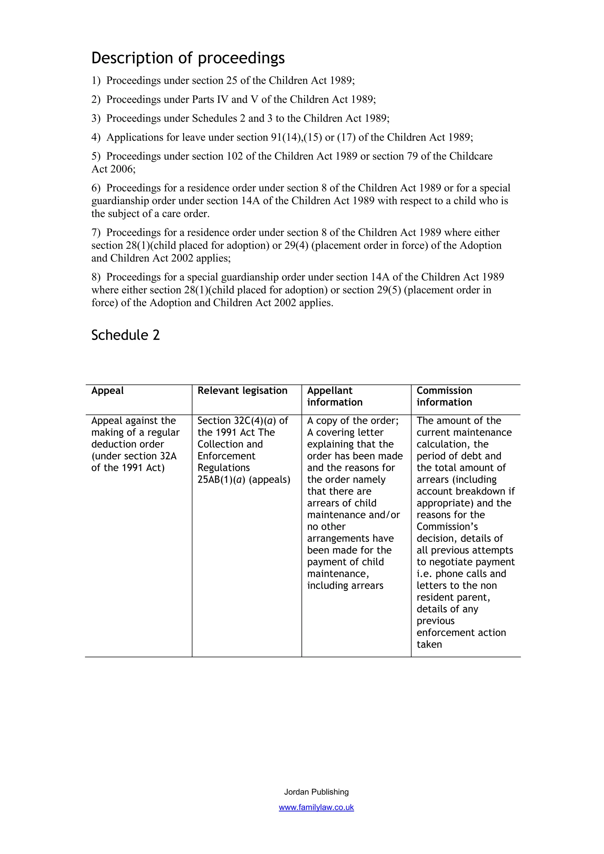 Description of proceedings
1) Proceedings under section 25 of the Children Act 1989;
2) Proceedings under Parts IV and V of the Children Act 1989;
3) Proceedings under Schedules 2 and 3 to the Children Act 1989;
4) Applications for leave under section 91(14),(15) or (17) of the Children Act 1989;
5) Proceedings under section 102 of the Children Act 1989 or section 79 of the Childcare
Act 2006;
6) Proceedings for a residence order under section 8 of the Children Act 1989 or for a special
guardianship order under section 14A of the Children Act 1989 with respect to a child who is
the subject of a care order.
7) Proceedings for a residence order under section 8 of the Children Act 1989 where either
section 28(1)(child placed for adoption) or 29(4) (placement order in force) of the Adoption
and Children Act 2002 applies;
8) Proceedings for a special guardianship order under section 14A of the Children Act 1989
where either section 28(1)(child placed for adoption) or section 29(5) (placement order in
force) of the Adoption and Children Act 2002 applies.


Schedule 2


Appeal                 Relevant legisation       Appellant              Commission
                                                 information            information
Appeal against the     Section 32C(4)(a) of      A copy of the order;   The amount of the
making of a regular    the 1991 Act The          A covering letter      current maintenance
deduction order        Collection and            explaining that the    calculation, the
(under section 32A     Enforcement               order has been made    period of debt and
of the 1991 Act)       Regulations               and the reasons for    the total amount of
                       25AB(1)(a) (appeals)      the order namely       arrears (including
                                                 that there are         account breakdown if
                                                 arrears of child       appropriate) and the
                                                 maintenance and/or     reasons for the
                                                 no other               Commission’s
                                                 arrangements have      decision, details of
                                                 been made for the      all previous attempts
                                                 payment of child       to negotiate payment
                                                 maintenance,           i.e. phone calls and
                                                 including arrears      letters to the non
                                                                        resident parent,
                                                                        details of any
                                                                        previous
                                                                        enforcement action
                                                                        taken




                                           Jordan Publishing
                                          www.familylaw.co.uk
 