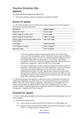 Practice Direction 30A –
Appeals
This Practice Direction supplements FPR Part 30
1.1 This practice direction applies to all appeals to which Part 30 applies.


Routes of appeal
2.1 The following table sets out to which court or judge an appeal is to be made (subject to
obtaining any necessary permission) –
Decision of:                                          Appeal made to:
Magistrates’ Court                                    Circuit judge
District judge of a county court                      Circuit judge
District judge of the High Court                      High Court judge
District judge of the principal registry of the       High Court judge
Family Division
Costs judge                                           High Court Judge
Circuit judge or recorder                             Court of Appeal
High Court judge                                      Court of Appeal


                (Provisions setting out routes of appeal include section 16(1) of the Senior
               Courts Act 1981 (as amended); section 77(1) of the County Courts Act 1984 (as
               amended) and the Access to Justice Act 1999 (Destination of Appeals) (Family
               Proceedings) Order 2009 (see paragraphs 9.1 to 9.12 below. The Family
               Proceedings (Allocation to Judiciary) (Appeals) Directions 2009 provide for an
               appeal from a magistrates’ court to be heard by a Circuit judge.
               The routes of appeal from an order or decision relating to contempt of court of a
               magistrates’ court under section 63(3) of the Magistrates’ Courts Act 1980 and
               of a county court and the High Court are set out in section 13(2) of the
               Administration of Justice Act 1960. Appeals under section 8(1) of the Gender
               Recognition Act 2004 lie to the High Court (see section 8 of the 2004 Act). The
               procedure for appeals to the Court of Appeal is governed by the Civil Procedure
               Rules 1998, in particular CPR Part 52.).
2.2 Where the decision to be appealed is a decision in a Part 19 (Alternative Procedure For
Applications) application on a point of law in a case which did not involve any substantial
dispute of fact, the court to which the appeal lies, where that court is the High Court or a
county court and unless the appeal would lie to the Court of Appeal in any event, must
consider whether to order the appeal to be transferred to the Court of Appeal under rule 30.13
(Assignment of Appeals to the Court of Appeal).


Grounds for appeal
3.1 Rule 30.12 (hearing of appeals) sets out the circumstances in which the appeal court will
allow an appeal.
3.2 The grounds of appeal should –
      (a)      set out clearly the reasons why rule 30.12 (3)(a) or (b) is said to apply; and
      (b)      specify in respect of each ground, whether the ground raises an appeal on a point
               of law or is an appeal against a finding of fact.
                                              Jordan Publishing
                                             www.familylaw.co.uk
 