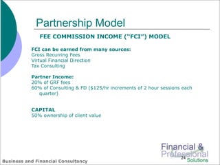Partnership Model
              FEE COMMISSION INCOME (“FCI”) MODEL

           FCI can be earned from many sources:
           Gross Recurring Fees
           Virtual Financial Direction
           Tax Consulting

           Partner Income:
           20% of GRF fees
           60% of Consulting & FD ($125/hr increments of 2 hour sessions each
              quarter)


           CAPITAL
           50% ownership of client value




                                                                        24
Business and Financial Consultancy
 