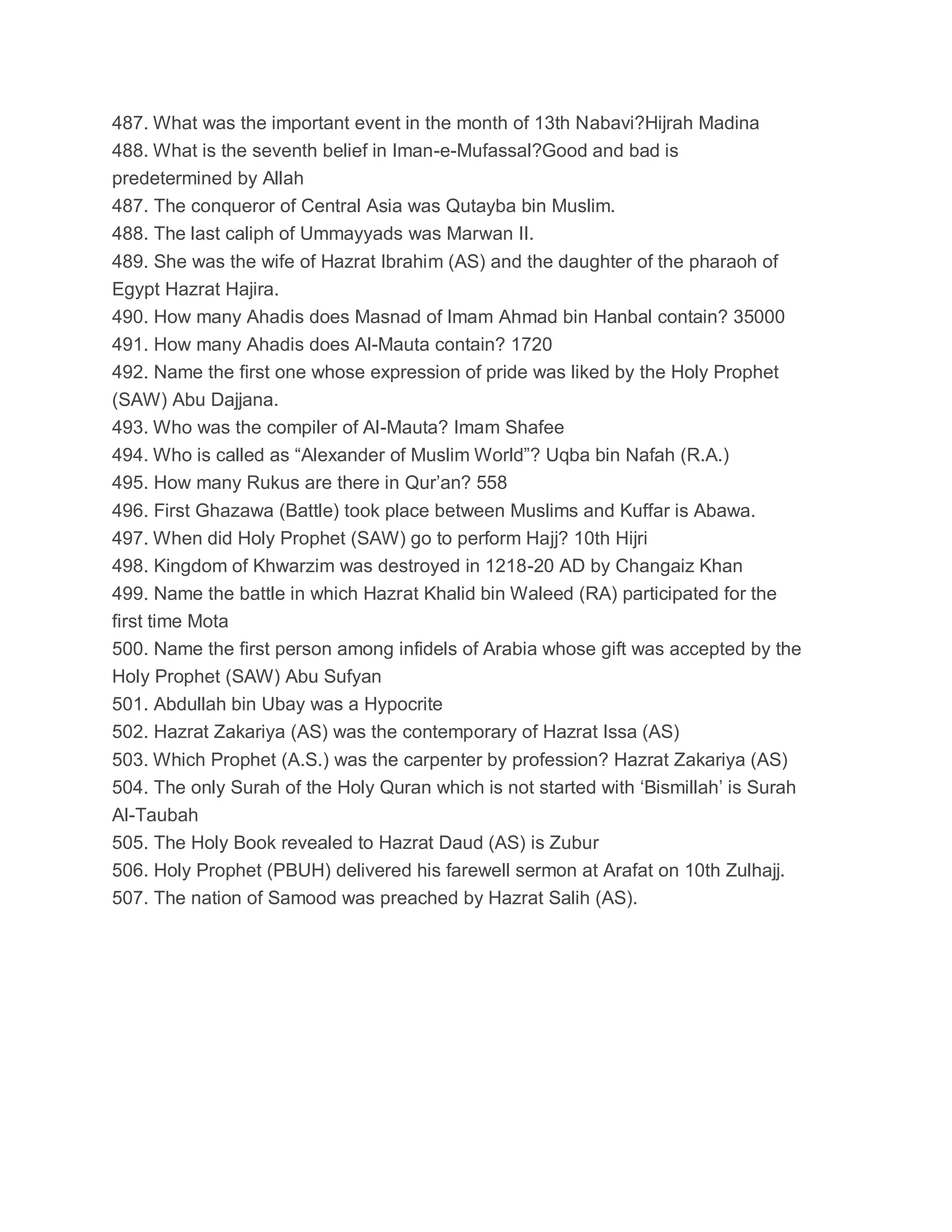 487. What was the important event in the month of 13th Nabavi?Hijrah Madina
488. What is the seventh belief in Iman-e-Mufassal?Good and bad is
predetermined by Allah
487. The conqueror of Central Asia was Qutayba bin Muslim.
488. The last caliph of Ummayyads was Marwan II.
489. She was the wife of Hazrat Ibrahim (AS) and the daughter of the pharaoh of
Egypt Hazrat Hajira.
490. How many Ahadis does Masnad of Imam Ahmad bin Hanbal contain? 35000
491. How many Ahadis does Al-Mauta contain? 1720
492. Name the first one whose expression of pride was liked by the Holy Prophet
(SAW) Abu Dajjana.
493. Who was the compiler of Al-Mauta? Imam Shafee
494. Who is called as “Alexander of Muslim World”? Uqba bin Nafah (R.A.)
495. How many Rukus are there in Qur’an? 558
496. First Ghazawa (Battle) took place between Muslims and Kuffar is Abawa.
497. When did Holy Prophet (SAW) go to perform Hajj? 10th Hijri
498. Kingdom of Khwarzim was destroyed in 1218-20 AD by Changaiz Khan
499. Name the battle in which Hazrat Khalid bin Waleed (RA) participated for the
first time Mota
500. Name the first person among infidels of Arabia whose gift was accepted by the
Holy Prophet (SAW) Abu Sufyan
501. Abdullah bin Ubay was a Hypocrite
502. Hazrat Zakariya (AS) was the contemporary of Hazrat Issa (AS)
503. Which Prophet (A.S.) was the carpenter by profession? Hazrat Zakariya (AS)
504. The only Surah of the Holy Quran which is not started with ‘Bismillah’ is Surah
Al-Taubah
505. The Holy Book revealed to Hazrat Daud (AS) is Zubur
506. Holy Prophet (PBUH) delivered his farewell sermon at Arafat on 10th Zulhajj.
507. The nation of Samood was preached by Hazrat Salih (AS).
 