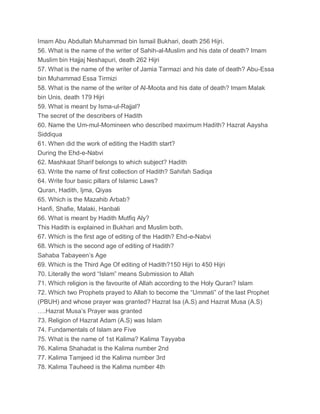 Imam Abu Abdullah Muhammad bin Ismail Bukhari, death 256 Hijri.
56. What is the name of the writer of Sahih-al-Muslim and his date of death? Imam
Muslim bin Hajjaj Neshapuri, death 262 Hijri
57. What is the name of the writer of Jamia Tarmazi and his date of death? Abu-Essa
bin Muhammad Essa Tirmizi
58. What is the name of the writer of Al-Moota and his date of death? Imam Malak
bin Unis, death 179 Hijri
59. What is meant by Isma-ul-Rajjal?
The secret of the describers of Hadith
60. Name the Um-mul-Momineen who described maximum Hadith? Hazrat Aaysha
Siddiqua
61. When did the work of editing the Hadith start?
During the Ehd-e-Nabvi
62. Mashkaat Sharif belongs to which subject? Hadith
63. Write the name of first collection of Hadith? Sahifah Sadiqa
64. Write four basic pillars of Islamic Laws?
Quran, Hadith, Ijma, Qiyas
65. Which is the Mazahib Arbab?
Hanfi, Shafie, Malaki, Hanbali
66. What is meant by Hadith Mutfiq Aly?
This Hadith is explained in Bukhari and Muslim both.
67. Which is the first age of editing of the Hadith? Ehd-e-Nabvi
68. Which is the second age of editing of Hadith?
Sahaba Tabayeen’s Age
69. Which is the Third Age Of editing of Hadith?150 Hijri to 450 Hijri
70. Literally the word “Islam” means Submission to Allah
71. Which religion is the favourite of Allah according to the Holy Quran? Islam
72. Which two Prophets prayed to Allah to become the “Ummati” of the last Prophet
(PBUH) and whose prayer was granted? Hazrat Isa (A.S) and Hazrat Musa (A.S)
….Hazrat Musa’s Prayer was granted
73. Religion of Hazrat Adam (A.S) was Islam
74. Fundamentals of Islam are Five
75. What is the name of 1st Kalima? Kalima Tayyaba
76. Kalima Shahadat is the Kalima number 2nd
77. Kalima Tamjeed id the Kalima number 3rd
78. Kalima Tauheed is the Kalima number 4th
 