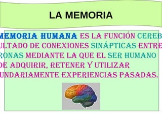 LA MEMORIA

memoria humana es la función cereb
ultado de conexiones sinápticas entre
ronas mediante la que el ser humano
de adquirir, retener y utilizar
undariamente experiencias pasadas.
 