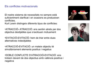 Els conflictes motivacionals El nostre sistema de necessitats no sempre està suficientment clarificat i en ocasions es produeixen conflictes.  Kurt Lewin distingeix diferents tipus de conflictes: ATRACCIÓ- ATRACCIÓ: ens sentim atrets per dos objectius desitjables que s’exclouen mútuament EVITACIÓ-EVITACÍÓ: hem de triar entre dues alternatives indesitjables ATRACCIÓ-EVITACIÓ: un mateix objectiu té simultàniament elements positius i negatius DOBLE CONFLICTE D’ATRACCIÓ-EVITACIÓ: ens trobem davant de dos objectius amb valència positiva i negativa 