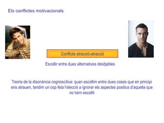 Conflicte atracció-atracció Escollir entre dues alternatives desitjables Teoria de la disonància cognoscitiva: quan escollim entre dues coses que en principi ens atrauen, tendim un cop feta l’elecció a ignorar els aspectes positius d’aquella que no hem escollit Els conflictes motivacionals 