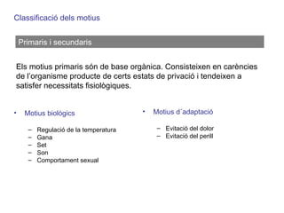 Classificació dels motius Primaris i secundaris Els motius primaris són de base orgànica. Consisteixen en carències de l’organisme producte de certs estats de privació i tendeixen a satisfer necessitats fisiològiques.  Motius biològics Regulació de la temperatura Gana Set Son Comportament sexual Motius d´adaptació Evitació del dolor Evitació del perill 