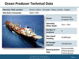 Ocean Producer Technical Data
Operator, Field, Location   Amoco, Gabon Sonangol - Kiabo, Canuku - Angola
Date Built / Converted      1969 / 1991

                                                                                  Oceaneering
                                                                  Owner
                                                                                  Scrapped 2010

                                                                  Operating
                                                                                  15m – 53m
                                                                  Water Depth

                                                                  Number of
                                                                                  3
                                                                  Locations

                                                                  Max Liquid
                                                                                  25,000 bpd
                                                                  Handling

                                                                  Oil Storage
                                                                                  510,000 bbls
                                                                  Capacity
                                                                                 Disconnectable
                                                                  Mooring System
                                                                                 6 Point Spread /
                                                                  Type
                                                                                 8 Point Spread
                                                                                               Page 13
                            ©2011 Endeavor Management. All Rights Reserved.
 