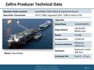 Zafiro Producer Technical Data
Operator, Field, Location   ExxonMobil, Zafiro Block B, Equatorial Guinea
Date Built / Converted      1973 / 1996, Upgraded 1997 -1998 in field to FPU
                                                                  Upgrades
                                                                  Waterflood       120,000 BWPD
                                                                                   2@ 60,000
                                                                  Slug Catchers
                                                                                   BWPD each
                                                                  Power            12 MW
                                                                  Compression      15,000 HP
                                                                                   58 Person
                                                                  Accommodations
                                                                                   Additional
                                                                                   Replaced in field
                                                                  Hull Steel
Owner: ExxonMobil                                                                  200 Tons
                                                                  Increased Life   From 5 – 15 yrs.



                                                                                                Page 21
                            ©2011 Endeavor Management. All Rights Reserved.
 