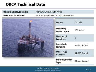 ORCA Technical Data
Operator, Field, Location   PetroSA, Oribi, South Africa
Date Built / Converted      1970 Halifax Canada / 1997 Conversion

                                                                  Owner           PetroSA

                                                                  Operating
                                                                                  120 meters
                                                                  Water Depth

                                                                  Number of
                                                                                  1
                                                                  Locations

                                                                  Max Liquid
                                                                                  30,000 BOPD
                                                                  Handling

                                                                  Oil Storage
                                                                                  34,000 Barrels
                                                                  Capacity

                                                                  Mooring System
                                                                                 9 Point Spread
                                                                  Type

                                                                                               Page 24
                            ©2011 Endeavor Management. All Rights Reserved.
 