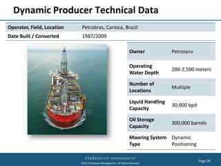 Dynamic Producer Technical Data
Operator, Field, Location   Petrobras, Carioca, Brazil
Date Built / Converted      1987/2009

                                                                  Owner             Petroserv

                                                                  Operating
                                                                                    200-2,500 meters
                                                                  Water Depth

                                                                  Number of
                                                                                    Multiple
                                                                  Locations

                                                                  Liquid Handling
                                                                                    30,000 bpd
                                                                  Capacity

                                                                  Oil Storage
                                                                                    300,000 barrels
                                                                  Capacity

                                                                  Mooring System Dynamic
                                                                  Type           Positioning

                                                                                                 Page 28
                            ©2011 Endeavor Management. All Rights Reserved.
 