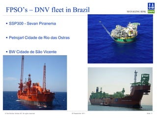FPSO’s – DNV fleet in Brazil
  SSP300 - Sevan Piranema


  Petrojarl Cidade de Rio das Ostras


  BW Cidade de São Vicente




© Det Norske Veritas AS. All rights reserved   28 September 2011   Slide 11
 