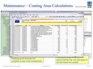 Maintenance – Coating Area Calculations




                                                                               Marking up single structures for
                     Marking up all structures for
                                                                               partial coating: top, one side (gray on
                     complete or part of the compartment
                                                                               aft side means not coated)
© Det Norske Veritas AS. All rights reserved               28 September 2011                                         Slide 18
 