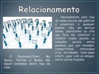 Normalmente este tipo
                                de redes sociais são públicas
                                e acessíveis a qualquer
                                pessoa. São um serviço
                                online, plataforma ou site
                                que foca em construir e
                                refletir redes sociais ou
                                relações     sociais    entre
                                pessoas, que, por exemplo,
                                compartilham       interesses
                                e/ou atividades, bate-papo
    O    facebook,Orkut,   My   (chat), jogar com os amigos,
Space, Twitter e Badoo são      entre outras funções.
alguns exemplos deste tipo de
rede.
 