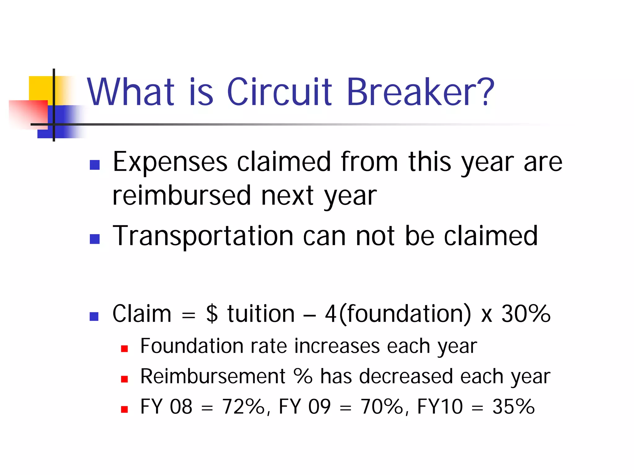 What is Circuit Breaker?
   Expenses claimed from this year are
    reimbursed next year
   Transportation can not be claimed

   Claim = $ tuition – 4(foundation) x 30%
       Foundation rate increases each year
       Reimbursement % has decreased each year
       FY 08 = 72%, FY 09 = 70%, FY10 = 35%
 