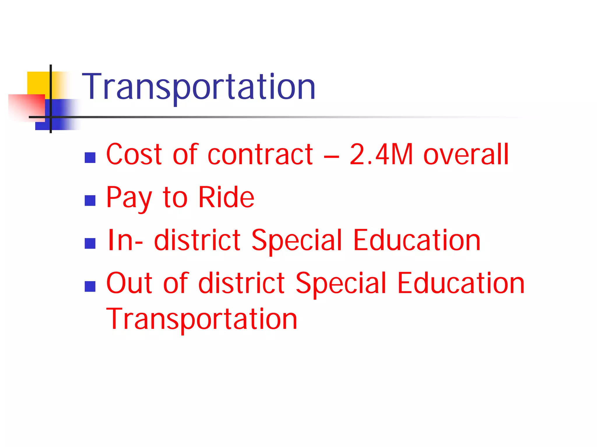 Transportation
 Cost of contract – 2.4M overall
 Pay to Ride

 In- district Special Education

 Out of district Special Education
  Transportation
 