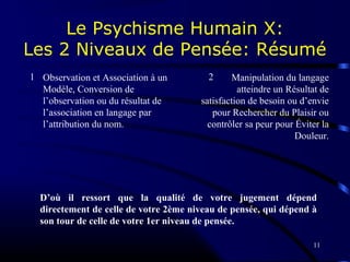 11
Le Psychisme Humain X:
Les 2 Niveaux de Pensée: Résumé
1 Observation et Association à un
Modèle, Conversion de
l’observation ou du résultat de
l’association en langage par
l’attribution du nom.
2 Manipulation du langage
atteindre un Résultat de
satisfaction de besoin ou d’envie
pour Rechercher du Plaisir ou
contrôler sa peur pour Éviter la
Douleur.
D’où il ressort que la qualité de votre jugement dépend
directement de celle de votre 2ème niveau de pensée, qui dépend à
son tour de celle de votre 1er niveau de pensée.
 