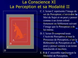 165
La Conscience XI
La Perception et sa Modalité II
C. L’écran C représente l’image de
soi du Percepteur, c’est-à-dire le
Moi du Sujet et on peut y penser
comme à un écran coloré
fortement ou faiblement suivant
l’image que le Percepteur a de
lui-même.
D. L’écran D comprend toute
l’Activité Perceptive et tout le
Processus de Perception, c’est le
Référentiel de Perception et on
peut y penser comme à un écran
translucide et incolore.
E. B & C ensemble représentent la
Modalité de Perception.
D
C
B
A
 