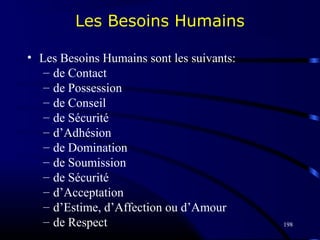 198
Les Besoins Humains
• Les Besoins Humains sont les suivants:
– de Contact
– de Possession
– de Conseil
– de Sécurité
– d’Adhésion
– de Domination
– de Soumission
– de Sécurité
– d’Acceptation
– d’Estime, d’Affection ou d’Amour
– de Respect
 