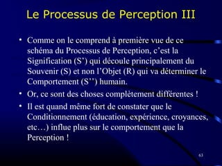 63
Le Processus de Perception III
• Comme on le comprend à première vue de ce
schéma du Processus de Perception, c’est la
Signification (S’) qui découle principalement du
Souvenir (S) et non l’Objet (R) qui va déterminer le
Comportement (S’’) humain.
• Or, ce sont des choses complètement différentes !
• Il est quand même fort de constater que le
Conditionnement (éducation, expérience, croyances,
etc…) influe plus sur le comportement que la
Perception !
 