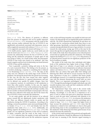Karataş et al. Life Satisfaction in Turkish Adults
TABLE 2 | Results of the multiple linear regression.
R R2 Adjusted R2 R2
ch F df B β t p
Constant 0.610 0.372 0.368 0.372 99.706** 7/1178 2.143 – 2.833** 0.005
Meaning in life 0.094 0.274 10.279** 0.000
Actuating thinking 0.461 0.506 14.339** 0.000
Alternative ways thinking 0.089 0.091 2.717** 0.007
COVID-19 fear 0.024 0.035 1.428 0.154
Age 0.000 −0.001 −0.040 0.968
Gender 0.219 0.028 1.105 0.270
The presence of people
infected with COVID-19 around
−0.132 −0.009 −0.406 0.685
**p < 0.01, *p < 0.05.
(Satıcı et al., 2020). The absence of positivity is different
from the presence of negativity and can be equally important
(Wood and Johnson, 2016). Inconsistent with the result of this
study, previous studies indicated that fear of COVID-19 was
significantly and positively associated with depression, stress as
well as negatively associated with resilience (Yıldırım and Arslan,
2020); negatively associated with mental well-being (Satıcı et al.,
2020); health anxiety, regular media-use, social media use and
risks for loved ones (Mertens et al., 2020). Özmen et al. (2021)
examine the relationship between the fear of COVID-19, well-
being and life satisfaction perceptions of people aged 18 and
over living in Turkey. As a result of their study, the participants’
COVID-19 fear levels were found to be moderate. Also they
found a negative and low level of relationship was found between
COVID-19 fear and life satisfaction.
Fear is generally a primitive feeling and arises in the face
of a real or perceived threat. This feeling is for the present, as
it involves producing a response to something that is believed
to be threatening (Dozois and Rnic, 2019). The data of this
study were not collected at the initial stage of the COVID-19
pandemic, but during the period when the spread was increasing.
In this case, the fear may have turned into other negative
emotions. Life satisfaction is a general phenomenon and may
not be affected very quickly by sudden changes. Since fear
is a temporary emotion, its contribution to life satisfaction is
lower than other positive variables. In this case, the negative
contribution of COVID-19 fear to life satisfaction has decreased
with the positive effect of meaning in life and hope variables. Also
the low number of infected individuals around people at the time
the data were collected in this study may also be the reason why
fear of COVID-19 does not predict life satisfaction.
In our study gender, age and the presence of an infected
person around did not significantly predict satisfaction with
life. There are different research results on gender and life
satisfaction during the COVID-19 pandemic. According to the
findings, coronavirus pandemic causes more psychological effects
in females (Wang D. et al., 2020) and females have less life
satisfaction than males (Raza et al., 2020). Additionally, our
finding supports the finding of Karataş and Tagay (2020) that
gender was not significant predictors of the level of resilience
in adults. consistent with the result of this study Helliwell
et al. (2020) indicated that, the equality of male and female life
satisfaction responses held across the life satisfaction response
scale, so that well-being inequality rose equally for both men and
women. We detected age was not significantly predict satisfaction
with life. The WHO reported that individuals 50 and above are
at higher risk for coronavirus-related death than those in any
other age groups. Specifically, coronavirus related death is more
common among individuals 60 years of age and above. In current
research the study group average age 41.04 so this may be the
reason why age does not significantly predict life satisfaction. Also
the results of the study show that presence of an infected person
around did not significantly predict life satisfaction. Our finding
supports the finding of Karataş and Tagay (2020) that presence of
an infected person around was not significant predictors of the
level of resilience in adults.
The results of the study show that, individuals with higher
levels of life satisfaction have higher levels of hope. While a
high level of hope is an indicator of good health and full
functioning, its low level is interpreted as an indicator of personal
sadness and distress (Martin, 2007). People’s evaluations about
whether they can achieve their goals affect their feelings and
believing that efforts will lead to success increases the level of
hope. Experiences of pain are a condition that harms people
and challenges resources. It is stated that strong people who can
cope with the elements threatening the social order are more
hopeful. This is an important psychological strength (Nesse,
1999). Through this psychological strength, individuals cope with
stressful situations more easily and their satisfaction with life is
positively affected (Snyder, 2002).
The Dispositional Hope Scale used in the current study
has two dimensions: actuating thinking and alternative ways
thinking. Accordingly, it is seen that it is important to set a
goal, to work to achieve this goal and to determine alternative
ways to reach the goal when confronted with obstacles to be
hopeful (Tarhan and Bacanlı, 2015). As is known, life satisfaction
is one of the important concepts of positive psychology and is
related to hope. Valle et al. (2006) argue that higher levels of
hope increase life satisfaction and Cole (2008) states that life
satisfaction is related to how individuals are close to their goals
and that being closer to the accomplishment of goals increases
life satisfaction while distancing from these goals because of any
obstacle decreases life satisfaction.
In the current study meaning in life positively and significantly
predicts life satisfaction. Despite the differences in the definitions
of and ways to meaning in life, theorists regard meaning in
Frontiers in Psychology | www.frontiersin.org 6 March 2021 | Volume 12 | Article 633384
 