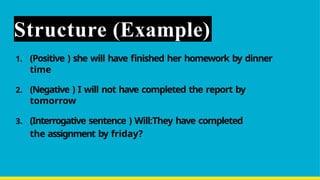 Structure (Example)
1. (Positive ) she will have finished her homework by dinner
time
2. (Negative ) I will not have completed the report by
tomorrow
3. (Interrogative sentence ) Will:They have completed
the assignment by friday?
 
